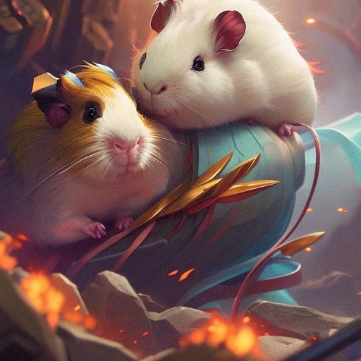 A hamster and guinea pig standing on some debris.
