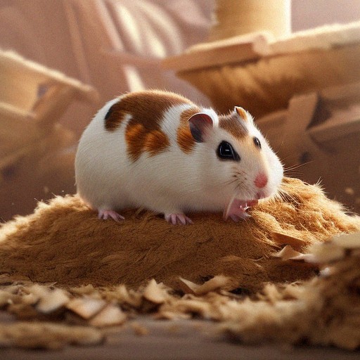 White and brown hamster on top of wood shavings.