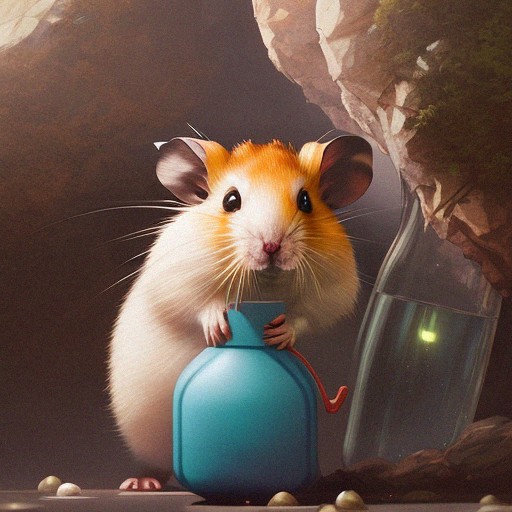 Orange and white hamster with a blue water bottle.