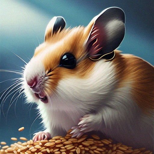 A white and brown hamster eating grain.