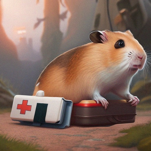 Hamster next to a first aid kit.