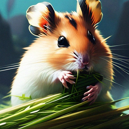 Orange and white hamster eating green hay grass.