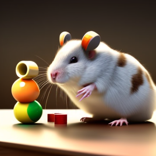 A white hamster stacking colorful round objects.