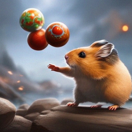 An orange hamster juggling three colorful balls.