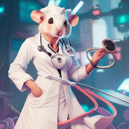 Hamster wearing a white lab coat and with a stethoscope around its neck.