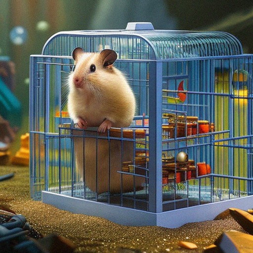Hamster poking out of a blue cage.