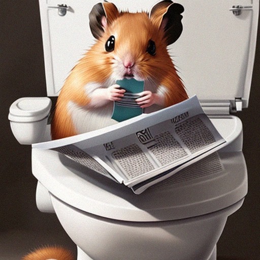 Hamster sitting on the toilet, reading a newspaper.
